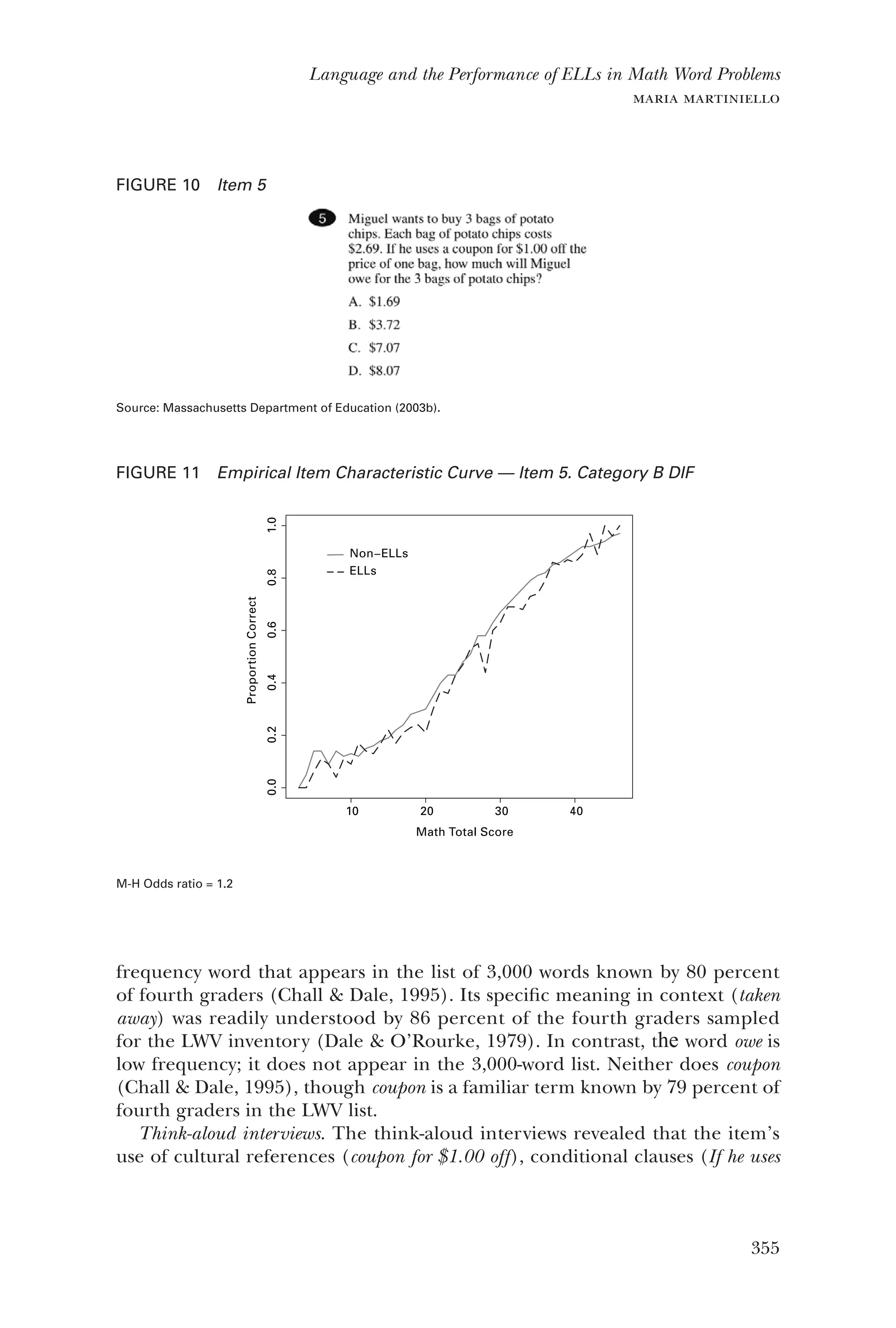 355
Language and the Performance of ELLs in Math Word Problems
maria martiniello
FIGURE 10  Item 5
Source: Massachusetts Department of Education (2003b).
FIGURE 11  Empirical Item Characteristic Curve — Item 5. Category B DIF
M-H Odds ratio = 1.2
10 20 30 40
Math Total Score
10 20 30 40
0.00.20.40.60.81.0
ProportionCorrect
Math Total Score
10 20 30 40
0.00.20.40.60.81.0
ProportionCorrect
Math Total Score
Non−ELLs
ELLs
Non−ELLs
ELLs
frequency word that appears in the list of 3,000 words known by 80 percent
of fourth graders (Chall & Dale, 1995). Its specific meaning in context (taken
away) was readily understood by 86 percent of the fourth graders sampled
for the LWV inventory (Dale & O’Rourke, 1979). In contrast, the word owe is
low frequency; it does not appear in the 3,000-word list. Neither does coupon
(Chall & Dale, 1995), though coupon is a familiar term known by 79 percent of
fourth graders in the LWV list.
Think-aloud interviews. The think-aloud interviews revealed that the item’s
use of cultural references (coupon for $1.00 off), conditional clauses (If he uses
 