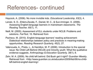 References- continuedHaycock, A. (2006). No more invisible kids. Educational Leadership, 63(3), 4.Lenski, S. D., Ehlers-Zavala, F., Daniel, M. C., & Sun-Irminger, X. (2006). Assessing English-language learners in mainstream classrooms. The Reading Teacher, 60(1), 11.Neill, M. (2005). Assessment of ELL students under NCLB: Problems and solutions. FairTest, 10. Retrieved fromPacheco, M. (2010). English-language learners' reading achievement: Dialectical relationships between policy and practices in meaning-making opportunities. Reading Research Quarterly, 45(3), 27.Valenzuela, A., Prieto, L., & Hamilton, M. P. (2008). Introduction to the special issue: No Child Left Behind (NCLB) and minority youth: What the qualitative evidence suggests. Anthropology & Education Quarterly, 38(1), 8.Zehr, M. A. (2009). No child left behind: Did Bush get it right? Guardian Weekly. Retrieved from  <http://www.guardian.co.uk/education/2009/feb/06/no-child-left-behind-english-learning>