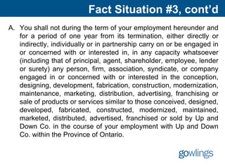 Fact Situation #3, cont’d
A. You shall not during the term of your employment hereunder and
for a period of one year from its termination, either directly or
indirectly, individually or in partnership carry on or be engaged in
or concerned with or interested in, in any capacity whatsoever
(including that of principal, agent, shareholder, employee, lender
or surety) any person, firm, association, syndicate, or company
engaged in or concerned with or interested in the conception,
designing, development, fabrication, construction, modernization,
maintenance, marketing, distribution, advertising, franchising or
sale of products or services similar to those conceived, designed,
developed, fabricated, constructed, modernized, maintained,
marketed, distributed, advertised, franchised or sold by Up and
Down Co. in the course of your employment with Up and Down
Co. within the Province of Ontario.
 