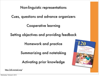 Non-linguistic representations

                  Cues, questions and advance organizers

                                  Cooperative learning

                Setting objectives and providing feedback

                                Homework and practice

                              Summarizing and notetaking

                               Activating prior knowledge

       http://ell.nwresd.org/

Wednesday, February 6, 2013
 
