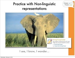 Practice with Non-linguistic
                                    representations




                                  I see, I know, I wonder...

Wednesday, February 6, 2013
 