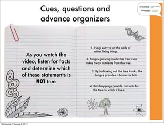 Cues, questions and
                              advance organizers


                                                  1. Fungi survive on the cells of
                                                     other living things.
                       As you watch the
                                               2. Fungus growing inside the tree trunk
                     video, listen for facts   takes away nutrients from the tree.

                     and determine which           3. By hollowing out the tree trunks, the
                     of these statements is           fungus provides a home for bats

                            NOT true
                                                 4. Bat droppings provide nutrients for
                                                    the tree in which it lives.




Wednesday, February 6, 2013
 