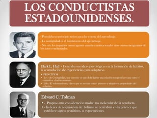 LOS CONDUCTISTAS
ESTADOUNIDENSES.
- Postulaba un principio único para dar cuenta del aprendizaje.
- La contigüidad es el fundamento del aprendizaje.
- No veía los impulsos como agentes causales motivacionales sino como energizantes de
los actos conductuales.
Clark L. Hull - Centraba sus ideas psicológicas en la formación de hábitos,
la acumulación de experiencias para adaptarse.
•-PRINCIPIOS
•° 1er.- de Contigüidad, que consiste en que debe haber una relación temporal cercana entre el
estímulo y el reforzamiento.
•° 2do.- El reforzamiento, claves que se asocian con el primero y adquieren propiedades del
refuerzo.
Edward C. Tolman
• - Propuso una consideración molar, no molecular de la conducta.
• - las leyes de adquisición de Tolman se centraban en la práctica que
establece signos gestálticos, o expectaciones.
 