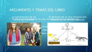ARGUMENTO Y TEMAS DEL LIBRO
• -El libro principalmente es una introducción en el mundo de
Geralt de Rivia
• -A través de una historia “principal” el autor utiliza una serie de
flasbacks para mostrarnos y describirnos como actuaba la
sociedad de ese mundo y como se comportaba
La marginación de las
personas distintas
El dominio de la raza humana por
encima de las demás especies
 