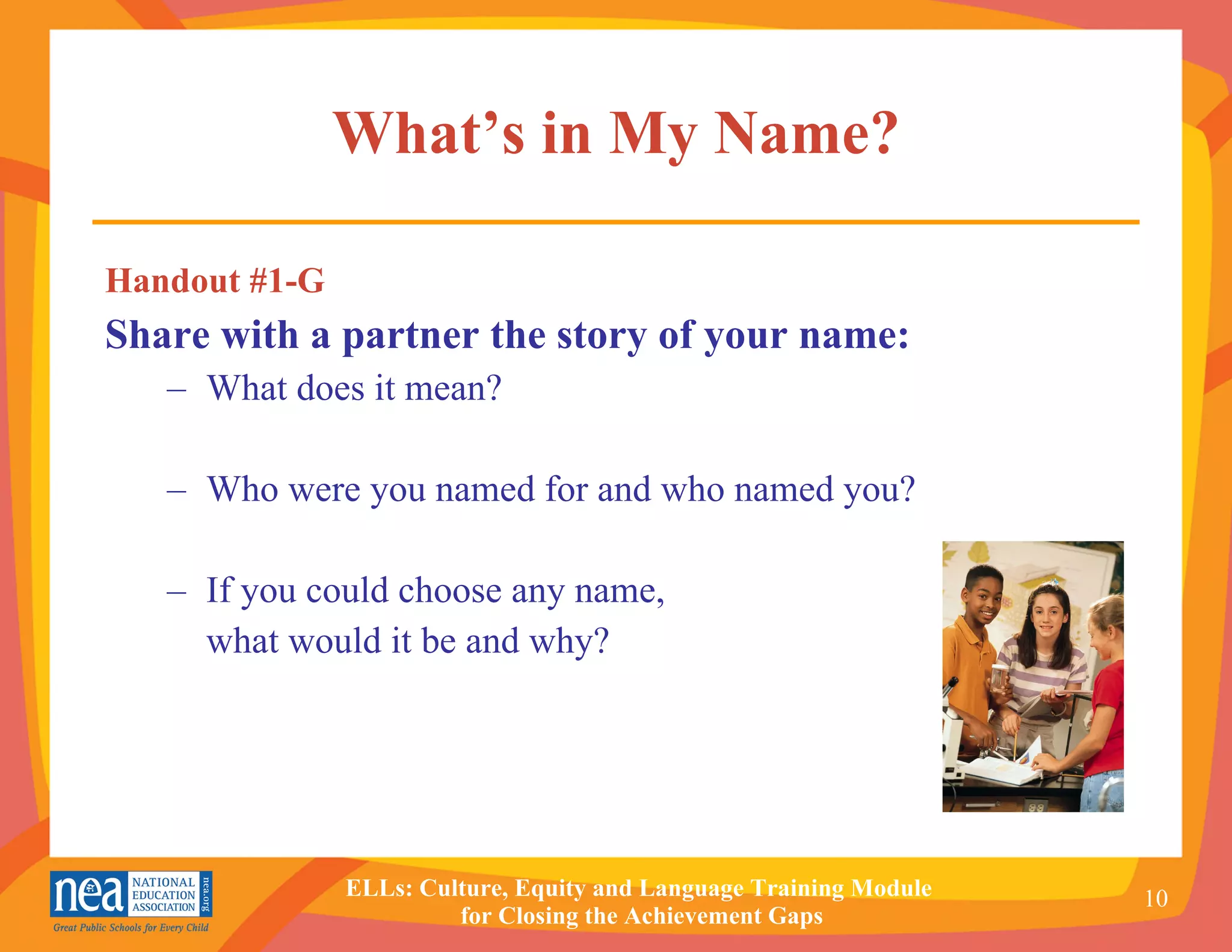 What’s in My Name? Handout #1-G Share with a partner the story of your name: What does it mean? Who were you named for and who named you? If you could choose any name,  what would it be and why? 