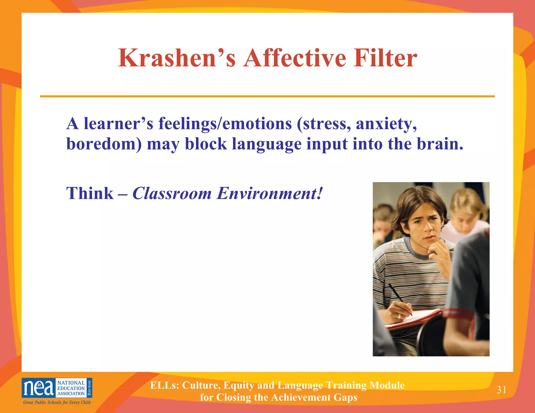 Krashen’s Affective Filter A learner’s feelings/emotions (stress, anxiety, boredom) may block language input into the brain. Think –  Classroom Environment! 