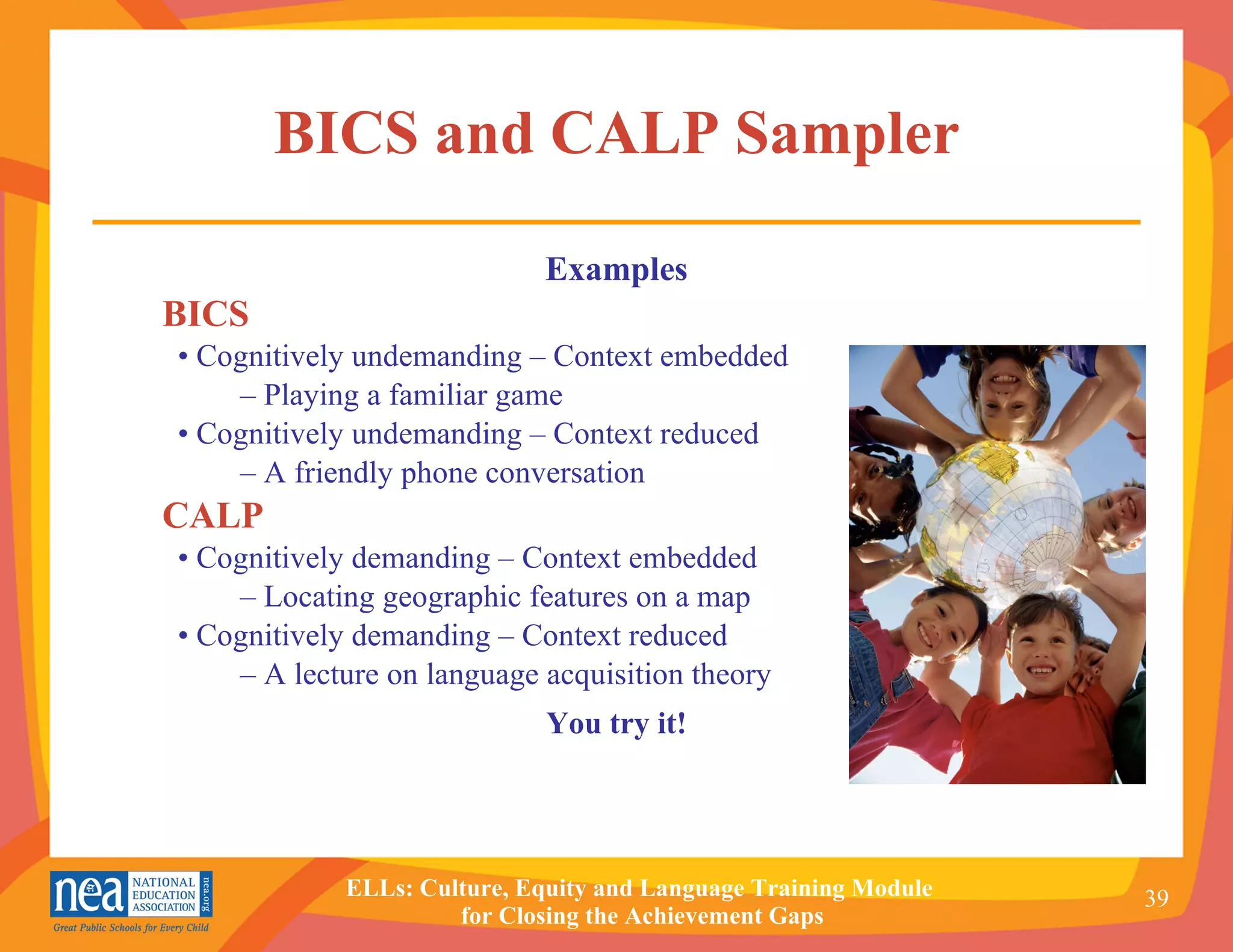 BICS and CALP Sampler Examples BICS •  Cognitively undemanding – Context embedded –  Playing a familiar game •  Cognitively undemanding – Context reduced  –  A friendly phone conversation CALP •  Cognitively demanding – Context embedded –  Locating geographic features on a map •  Cognitively demanding – Context reduced –  A lecture on language acquisition theory You try it! 