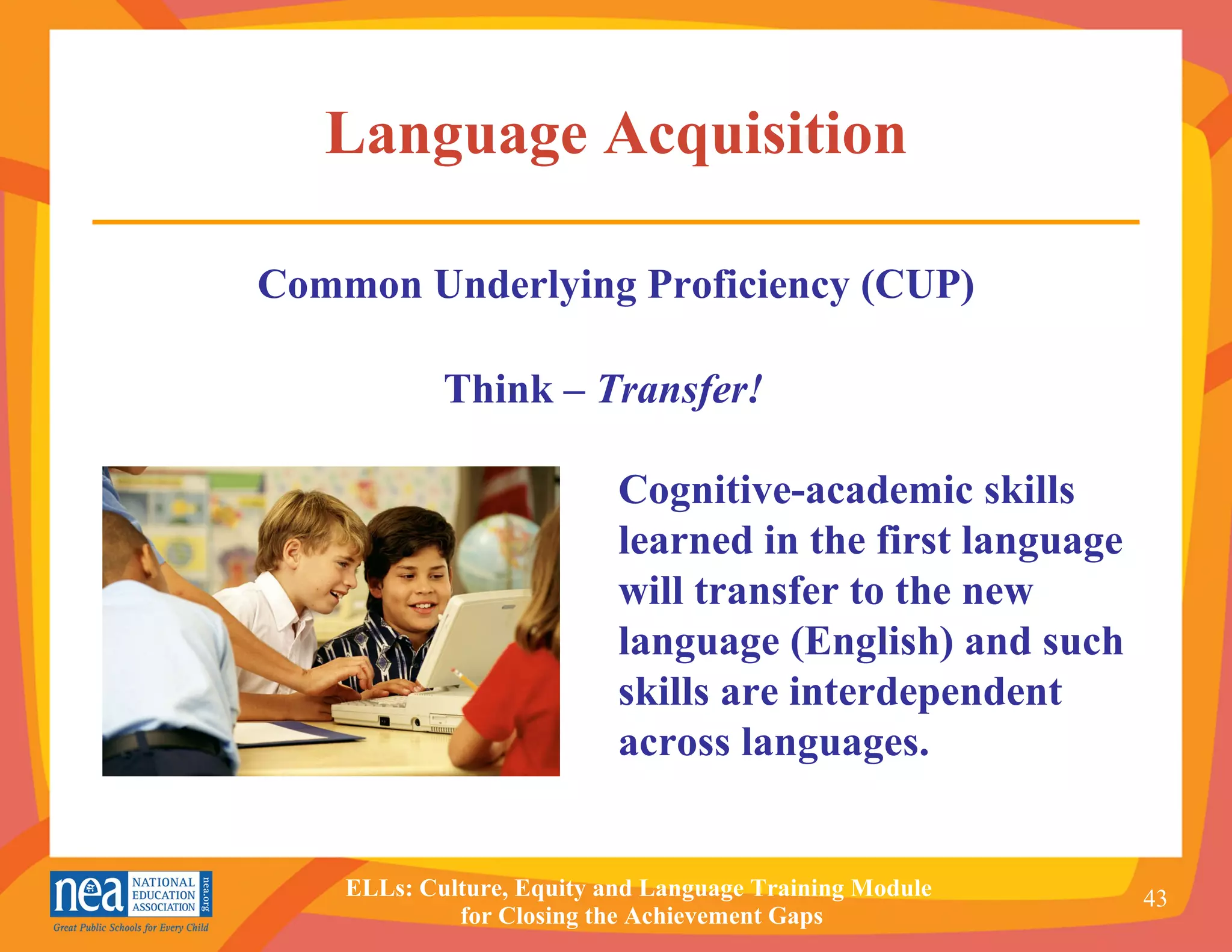 Language Acquisition Common Underlying Proficiency  (CUP) Think –   Transfer!   Cognitive-academic skills learned in the first language will transfer to the new language (English) and such skills are interdependent across languages.  