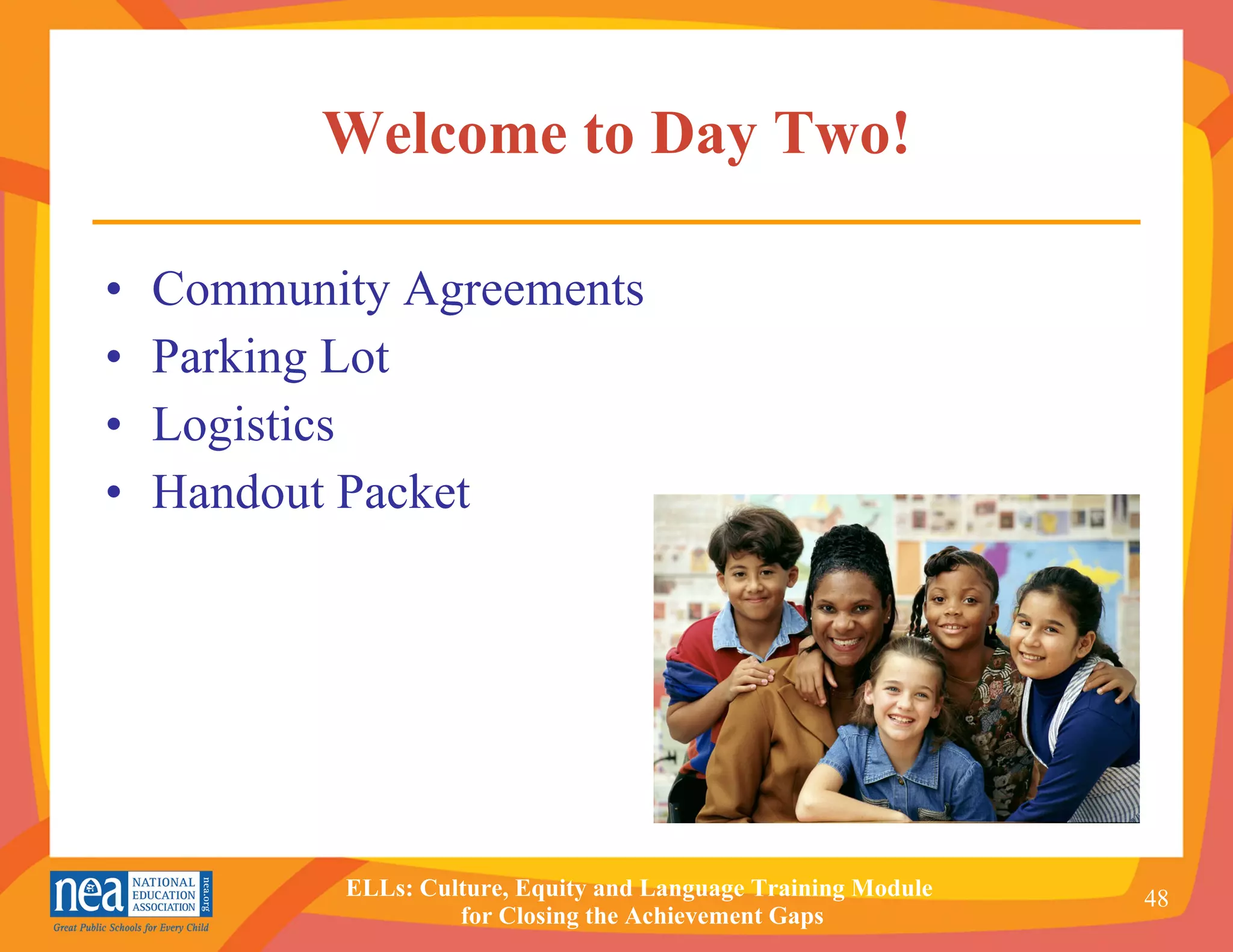 Welcome to Day Two! Community Agreements Parking Lot Logistics Handout Packet   