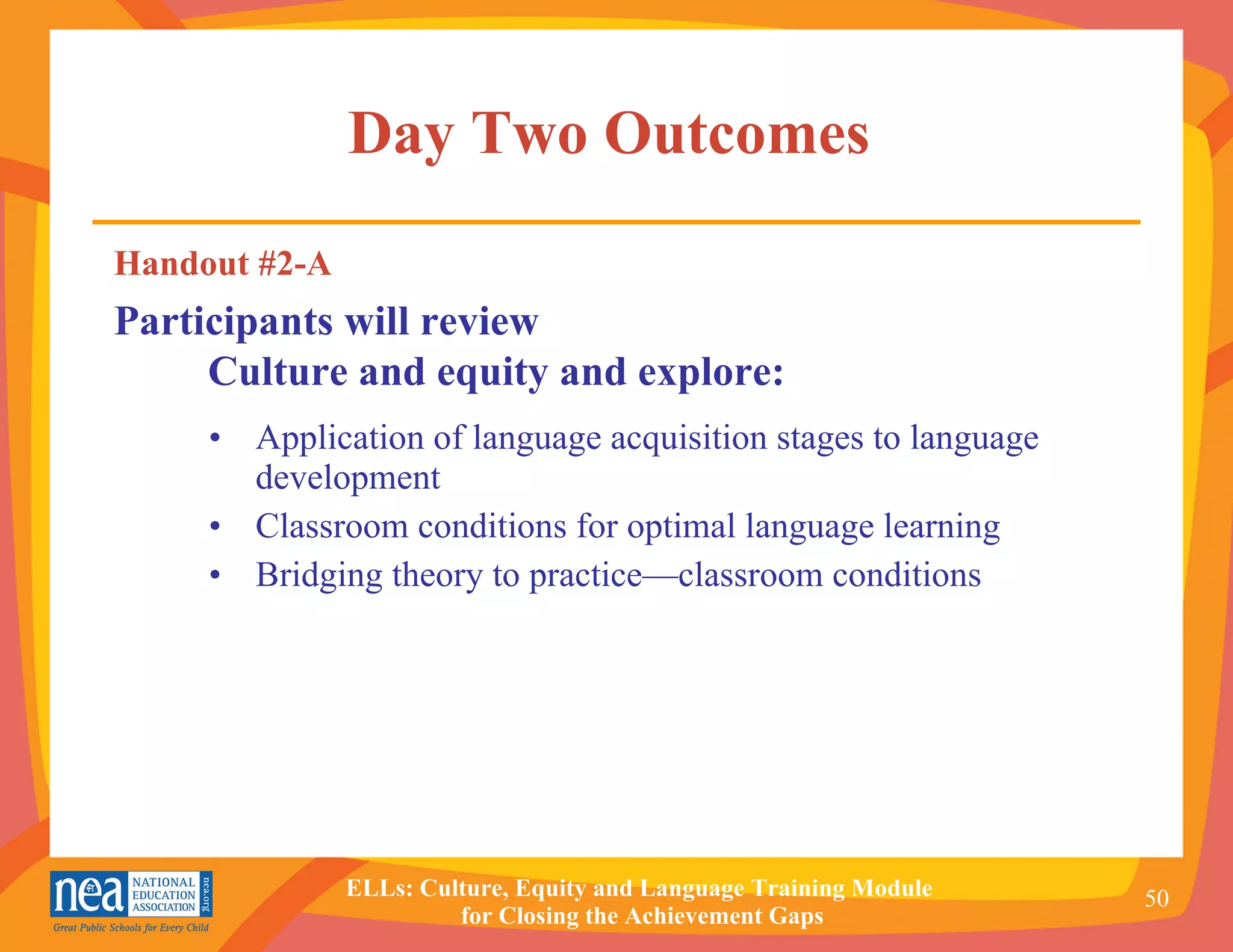 Day Two Outcomes  Application of language acquisition stages to language development   Classroom conditions for optimal language learning Bridging theory to practice—classroom conditions Handout #2-A Participants will review    Culture and equity and explore: 