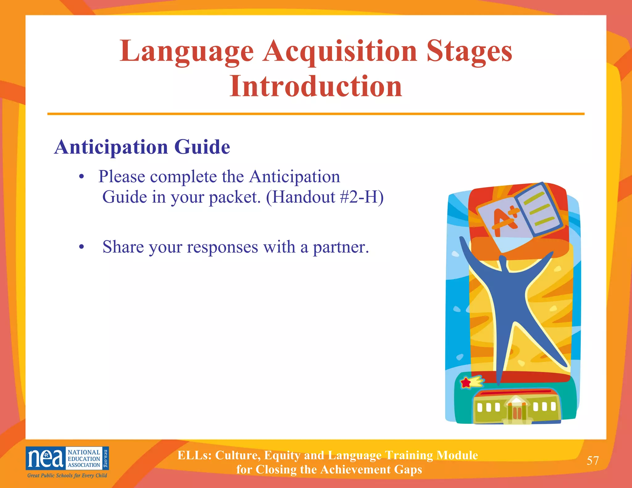 Language Acquisition Stages Introduction •  Please complete the Anticipation Guide in your packet. (Handout #2-H) Share your responses with a partner. Anticipation Guide 