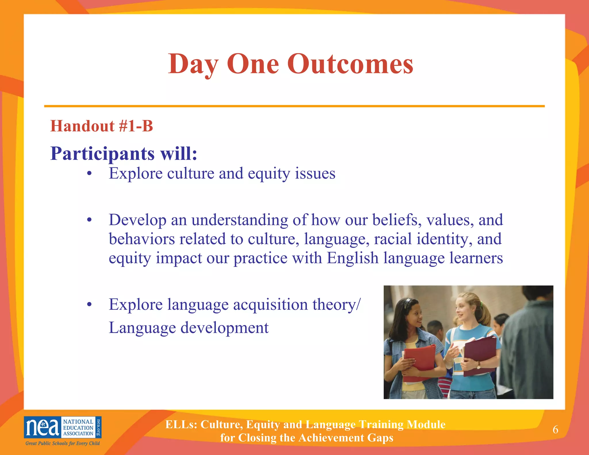 Day One Outcomes  Explore culture and equity issues Develop an understanding of how our beliefs, values, and behaviors related to culture, language, racial identity, and equity impact our practice with English language learners Explore language acquisition theory/ Language development Handout #1-B Participants will: 