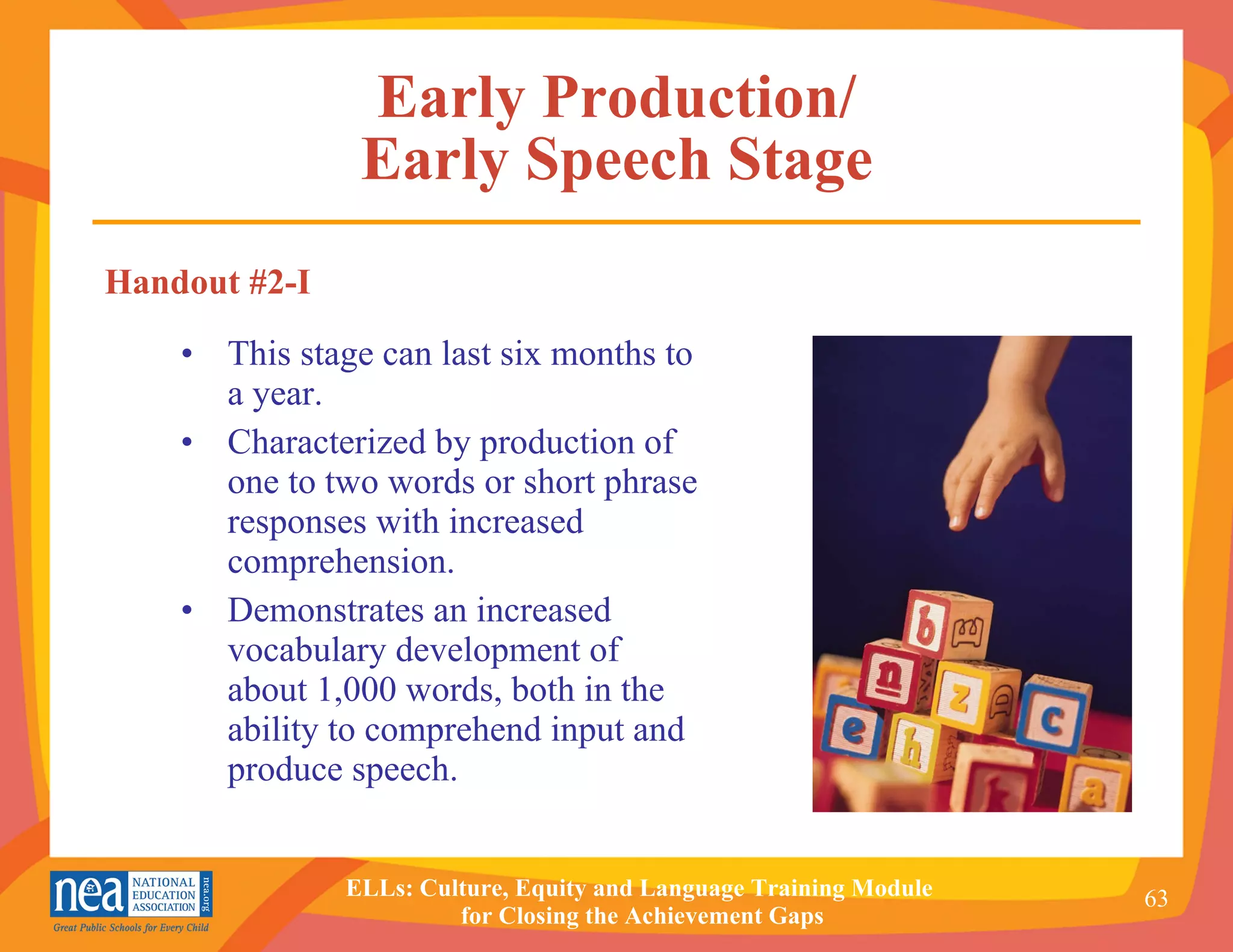 Early Production/ Early Speech Stage This stage can last six months to a year. Characterized by production of one to two words or short phrase responses with increased comprehension. Demonstrates an increased vocabulary development of about 1,000 words, both in the ability to comprehend input and produce speech. Handout #2-I 