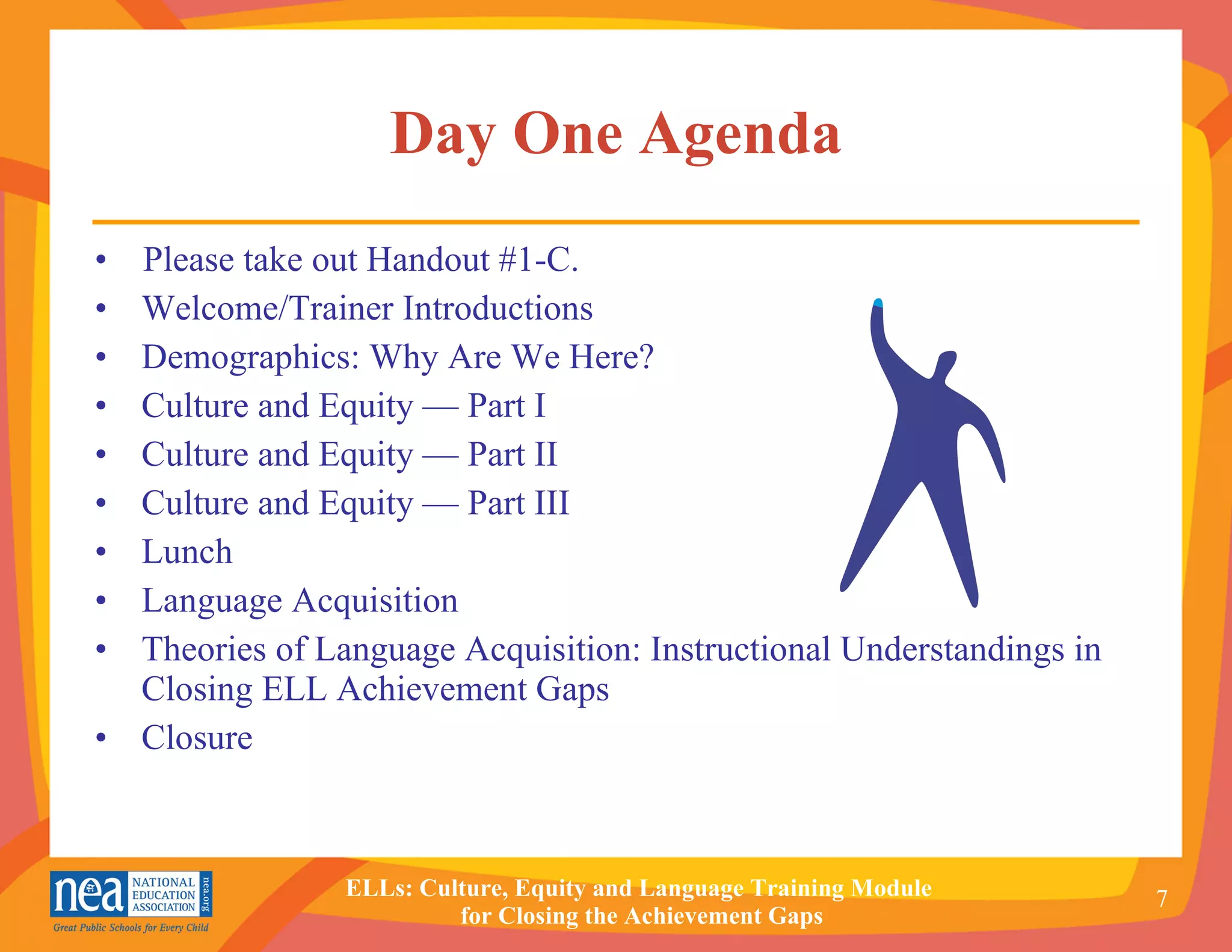 Day One Agenda •  Please take out Handout #1-C. Welcome/Trainer Introductions Demographics: Why Are We Here? Culture and Equity — Part I  Culture and Equity — Part II Culture and Equity — Part III Lunch Language Acquisition Theories of Language Acquisition: Instructional Understandings in Closing ELL Achievement Gaps Closure 