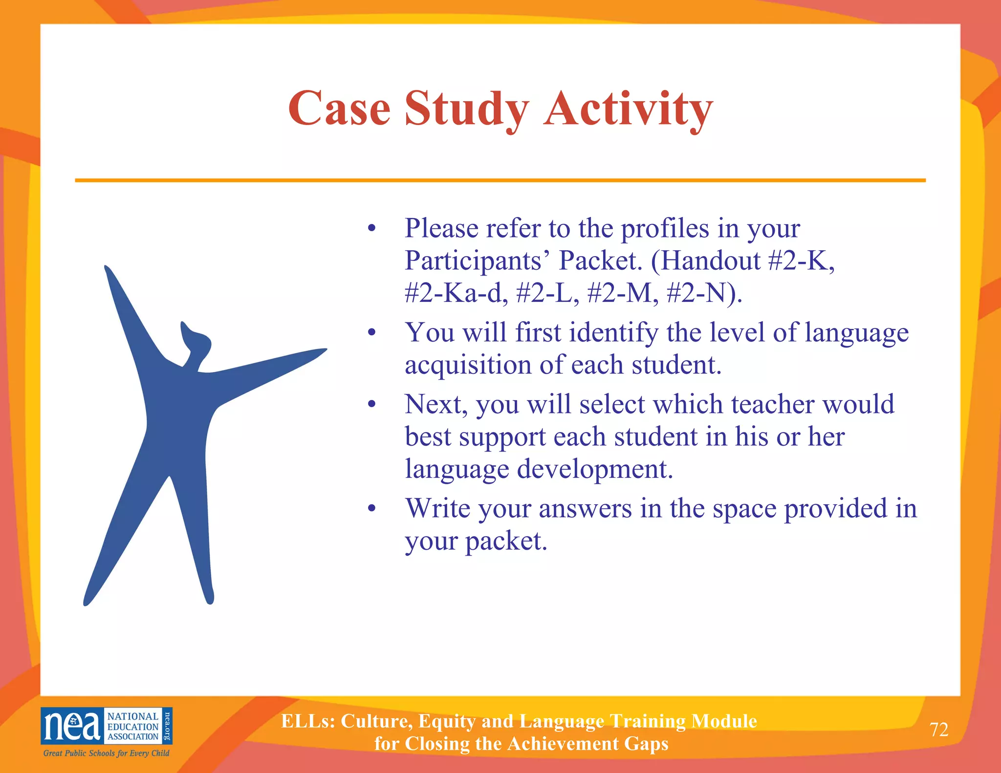 Case Study Activity Please refer to the profiles in your Participants’ Packet. ( Handout #2-K,  #2-Ka-d, #2-L, #2-M, #2-N).  You will first identify the level of language acquisition of each student.  Next, you will select which teacher would best support each student in his or her language development. Write your answers in the space provided in your packet. 