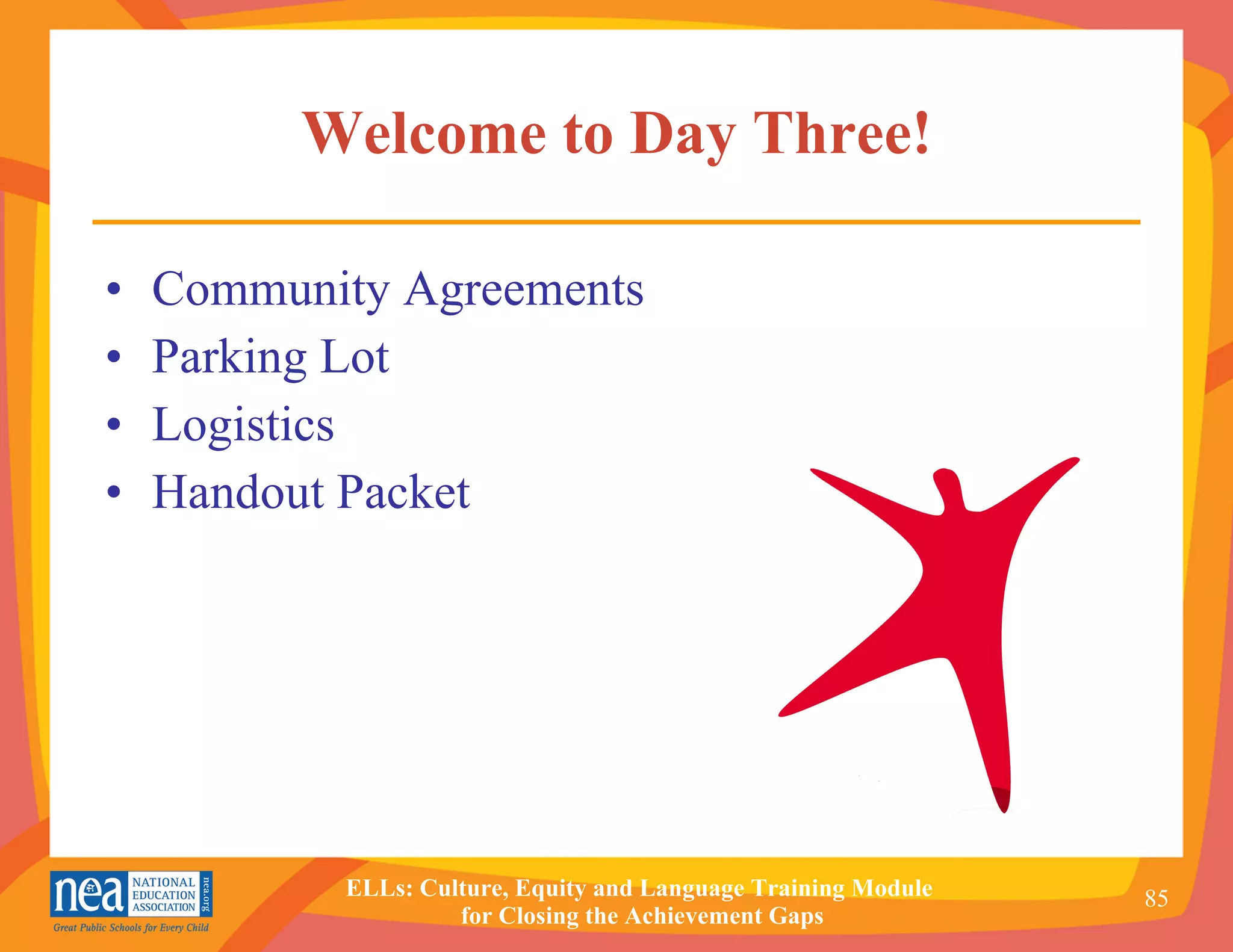 Welcome to Day Three! Community Agreements Parking Lot Logistics Handout Packet 