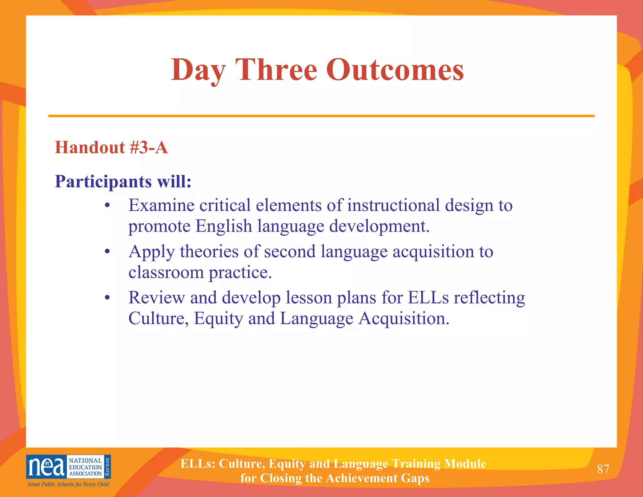 Day Three Outcomes  Examine critical elements of instructional design to promote English language development. Apply theories of second language acquisition to classroom practice.   Review and develop lesson plans for ELLs reflecting Culture, Equity and Language Acquisition. Handout #3-A Participants will: 