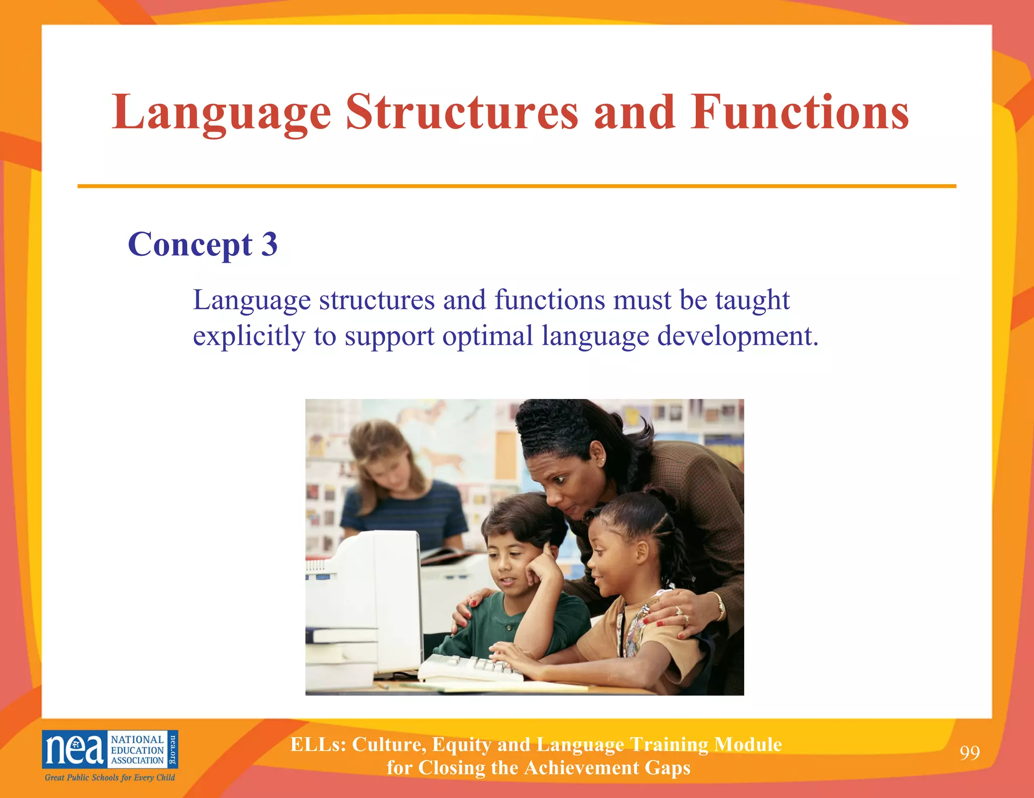 Language Structures and Functions  Concept 3 Language structures and functions must be taught  explicitly to support optimal language development. 