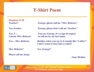 T-Shirt Poem Handout #1-H Teacher?  George, please call me “Mrs. Roberts.” Yes, teacher.  George, please don’t call me “teacher.” Yes, T –   You see, George, it’s a sign of respect  I mean, Mrs. Roberts.  to call me by my last name.  Yes….Mrs. Roberts.   Besides, when you say it, it sounds like “t-shirt.”` I don’t want to turn into a t-shirt! Mrs. Roberts? Yes, George? Please call me Jorge.   - Jane Medina 