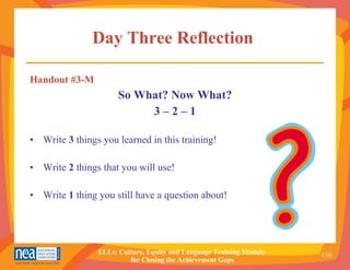 Day Three Reflection   Handout #3-M So What? Now What? 3 – 2 – 1 Write  3  things you learned in this training! Write  2  things that you will use! Write  1  thing you still have a question about! 