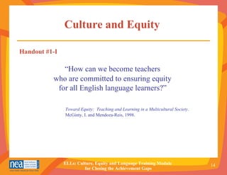 Culture and Equity   Handout #1-I “ How can we become teachers  who are committed to ensuring equity  for all English language learners?”   Toward Equity:  Teaching and Learning in a Multicultural Society .  McGinty, I. and Mendoza-Reis, 1998. 