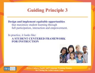 Guiding Principle 3 Design and implement equitable opportunities  that maximize student learning through  full participation, interaction and empowerment. In practice, it looks like: A STUDENT CENTERED FRAMEWORK  FOR INSTRUCTION 