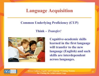 Language Acquisition Common Underlying Proficiency  (CUP) Think –   Transfer!   Cognitive-academic skills learned in the first language will transfer to the new language (English) and such skills are interdependent across languages.  