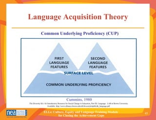 Language Acquisition Theory Cummins, 1980 The Diversity Kit: An Introductory Resource for Social Change in Education, Part III: Language.  LAB at Brown University.  Available: http://www.alliance.brown.edu/tdl/diversitykitpdfs/dk_language.pdf  Common Underlying Proficiency (CUP) 
