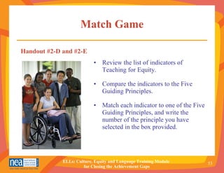 Match Game Review the list of indicators of Teaching for Equity. Compare the indicators to the Five Guiding Principles. Match each indicator to one of the Five Guiding Principles, and write the number of the principle you have selected in the box provided. Handout #2-D and #2-E 