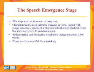 The Speech Emergence Stage This stage can last from one to two years. Characterized by a considerable increase in verbal output with longer sentences, sprinkled with grammatical and syntactical errors that may interfere with communication. Both receptive and productive vocabulary increase to about 3,000 words. Please use Handout #2-I for note-taking. 