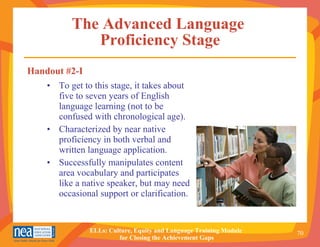 The Advanced Language  Proficiency Stage To get to this stage, it takes about five to seven years of English language learning (not to be confused with chronological age). Characterized by near native proficiency in both verbal and  written language application. Successfully manipulates content  area vocabulary and participates  like a native speaker, but may need occasional support or clarification. Handout #2-I 