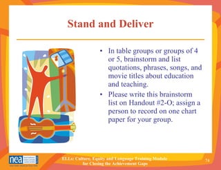 Stand and Deliver • In table groups or groups of 4 or 5, brainstorm and list quotations, phrases, songs, and movie titles about education and teaching. •  Please write this brainstorm list on Handout #2-O; assign a person to record on one chart paper for your group. 
