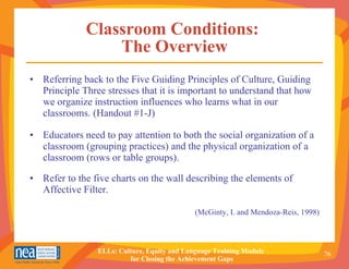Classroom Conditions:  The Overview Referring back to the Five Guiding Principles of Culture, Guiding Principle Three stresses that it is important to understand that how we organize instruction influences who learns what in our classrooms. (Handout #1-J) Educators need to pay attention to both the social organization of a classroom (grouping practices) and the physical organization of a classroom (rows or table groups). Refer to the five charts on the wall describing the elements of Affective Filter. (McGinty, I. and Mendoza-Reis, 1998) 