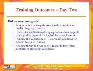 Training Outcomes – Day Two Did we meet our goals? Review culture and equity issues in the education of English language learners. Discuss the application of language acquisition stages to language development for English language learners.  Examine the importance of  Classroom Conditions for optimal language learning. Bridging theory to practice as it relates to the critical attributes of classroom conditions. 