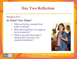 Day Two Reflection   What are the key concepts from today’s training? What did I learn that I can apply to my own practice? What is one idea from today’s training that I can use in my classroom tomorrow? Handout #2-S So What? Now What? 