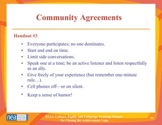 Community Agreements  Everyone participates; no one dominates. Start and end on time. Limit side conversations. Speak one at a time; be an active listener and listen respectfully as an ally. Give freely of your experience (but remember one-minute rule…). Cell phones off—or on silent. Keep a sense of humor!   Handout #3 