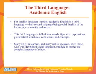 The Third Language:  Academic English For English language learners, academic English is a third language  —  their second language being social English of the hallways, community and media. This third language is full of new words, figurative expressions, grammatical structures, verb tenses, and concepts. Many English learners, and many native speakers, even those with well-developed social language, struggle to master the complex language of school.  