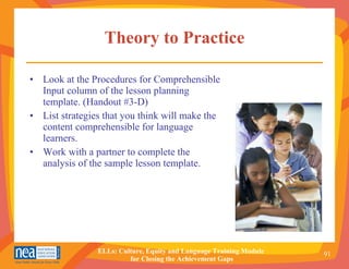 Theory to Practice Look at the Procedures for Comprehensible Input column of the lesson planning template. (Handout #3-D) List strategies that you think will make the content comprehensible for language learners. Work with a partner to complete the analysis of the sample lesson template. 