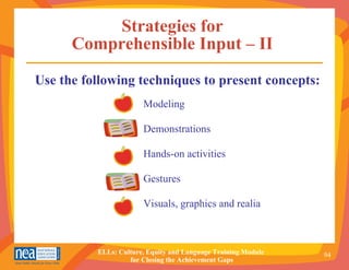 Strategies for  Comprehensible Input  –  II  Modeling Demonstrations Hands-on activities Gestures Visuals, graphics and realia Use the following techniques to present concepts: 