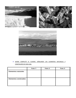 AHORA COMPLETÁ EL CUADRO, SEÑALANDO LOS ELEMENTOS NATURALES Y
CONSTRUIDOS DE CADA UNA.
 