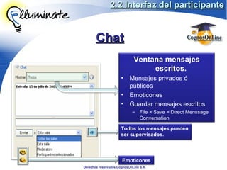 Chat 2.2 Interfaz del participante Ventana mensajes escritos. Mensajes privados ó públicos Emoticones  Guardar mensajes escritos File > Save > Direct Menssage Conversation Todos los mensajes pueden ser supervisados. Emoticones 
