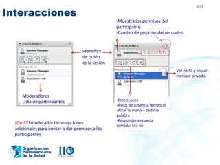 2012

Interacciones
                                                   -Muestra los permisos del
                                                   participante
                                                   -Cambio de posición del recuadro


                                    Identifica
                                    de quién
                                    es la sesión
                                                                                 Ver perfil y enviar
                                                                                 mensaje privado.



     Moderadores
     Lista de participantes                        -Emoticones
                                                   -Aviso de ausencia temporal
                                                   -Alzar la mano – pedir la
                                                   palabra
                                                   -Responder encuesta
  ¡Ojo! El moderador tiene opciones
                                                   cerrada: si o no
  adicionales para limitar o dar permisos a los
  participantes

     Organización
     Panamericana
     De la Salud
 