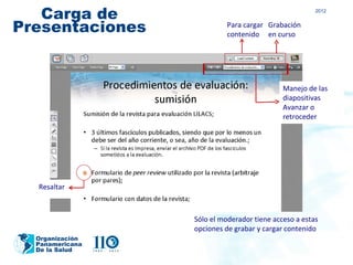 Carga de                                           2012


Presentaciones             Para cargar Grabación
                           contenido en curso




                                            Manejo de las
                                            diapositivas
                                            Avanzar o
                                            retroceder




  Resaltar



                 Sólo el moderador tiene acceso a estas
                 opciones de grabar y cargar contenido
  Organización
  Panamericana
  De la Salud
 