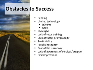 Things to ConsiderGaining buy-in/support across campusArticles in campus publicationsNotices to instructorsNotices to students from online instructorsA link on the campus home pageA link on the student services webpageDemonstrations to facultyWorkshops for studentsPostersGive-awaysA “Grand Opening”!
