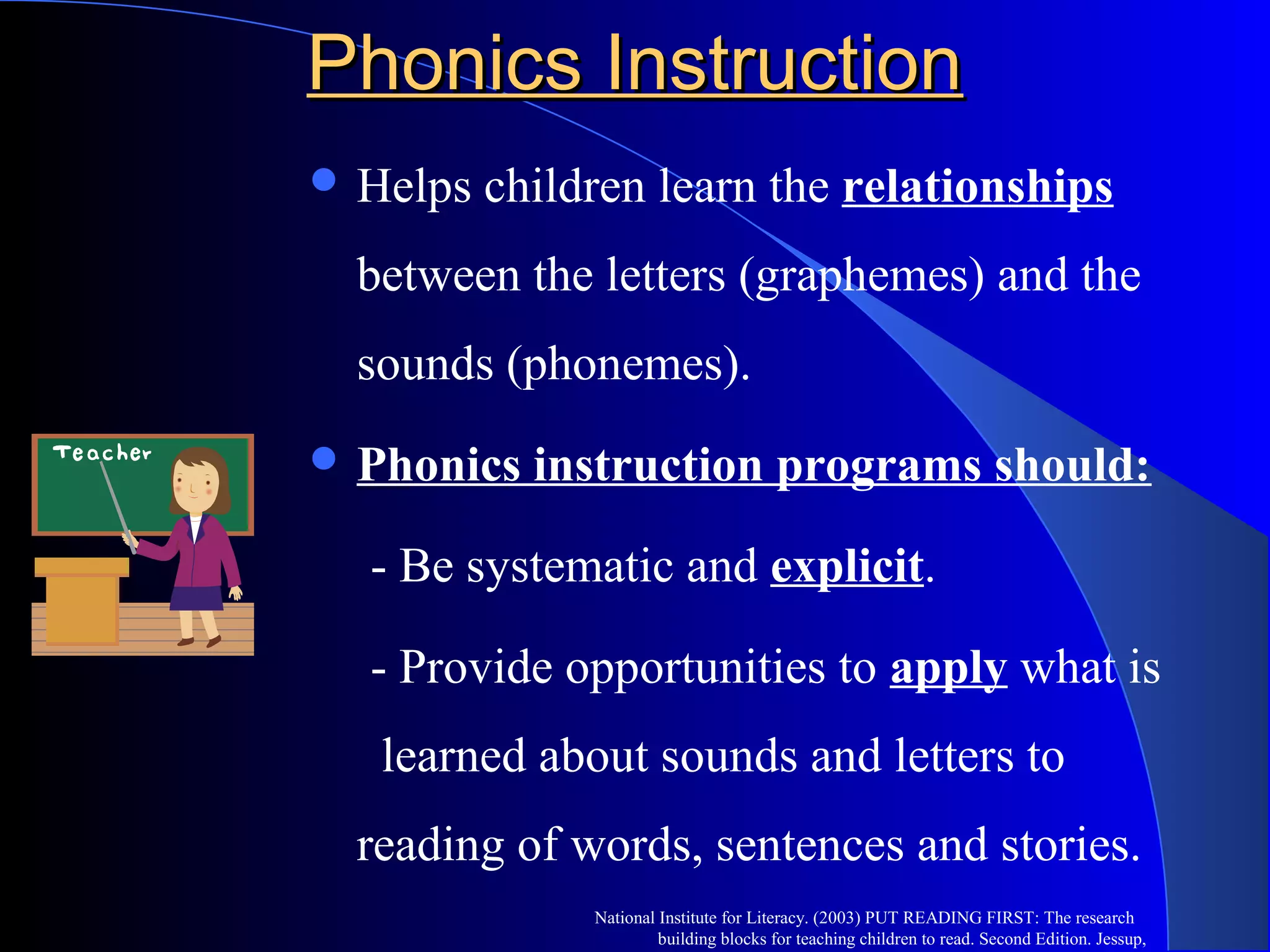Phonics InstructionPhonics Instruction
 Helps children learn the relationships
between the letters (graphemes) and the
sounds (phonemes).
 Phonics instruction programs should:
- Be systematic and explicit.
- Provide opportunities to apply what is
learned about sounds and letters to
reading of words, sentences and stories.
National Institute for Literacy. (2003) PUT READING FIRST: The research
building blocks for teaching children to read. Second Edition. Jessup,
 