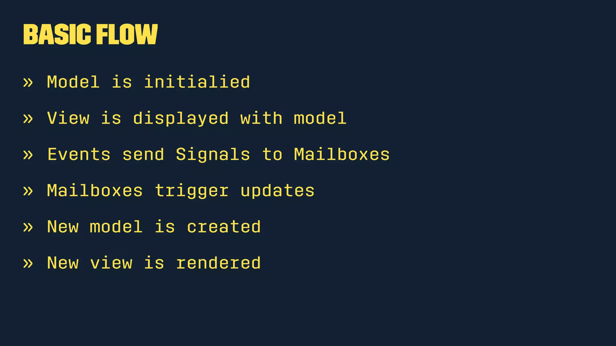 Html functions
The elm-html module exposes many functions for building up virtual
DOM nodes.
The main function can render HTML if the HTML module is included.
import Html exposing(p, text)
main =
p [] [text "Hello World"]
 