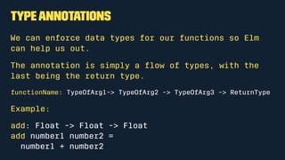 Elm Reactor
Elm Reactor compiles Elm to HTML on
each request.
$ elm-reactor
elm reactor 0.16.0
Listening on http://0.0.0.0:8000/
 