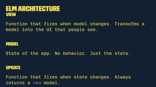 Annotation Examples:
No parameters. Just return value
hello: String
hello =
"Hello there"
Two parameters and a return value
add: Float -> Float -> Float
add number1 number2 =
number1 + number2
 
