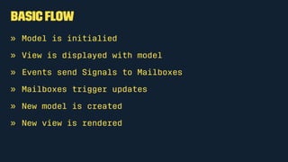 Html functions
The elm-html module exposes many functions for building up virtual
DOM nodes.
The main function can render HTML if the HTML module is included.
import Html exposing(p, text)
main =
p [] [text "Hello World"]
 