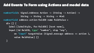 Add Events To Form using Actions and model data
numberField: Signal.Address Action -> (String -> Action) ->
String -> String -> String -> Html
numberField address action ﬁeldID name ﬁeldValue =
div [] [
label [labelStyle, for ﬁeldID] [text name],
input [id ﬁeldID, type' "number", step "any",
on "input" targetValue (Signal.message address << action ),
value ﬁeldValue] []
]
 